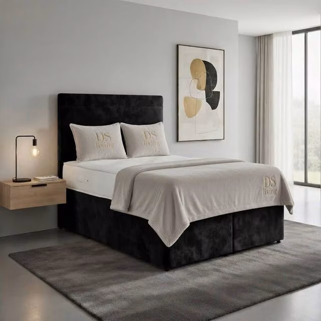 DS Living Muse Black Velvet Upholstered Divan Bed with Drawers, W/D/H: 200 x 200 cm