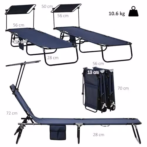 Outsunny 2 Piece Folding Sun Loungers with Canopy in Dark Blue – 3