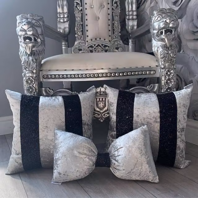 Fabricnco Silver and Black Crush Velvet Glitter Cushion Set, W: 40.64 cm, H: 40.64 cm