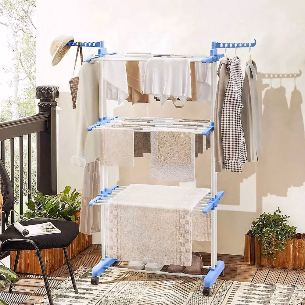 KORVIXA 4 Tier Foldable Clothes Drying Rack in Blue with Wheels and Hooks – 3