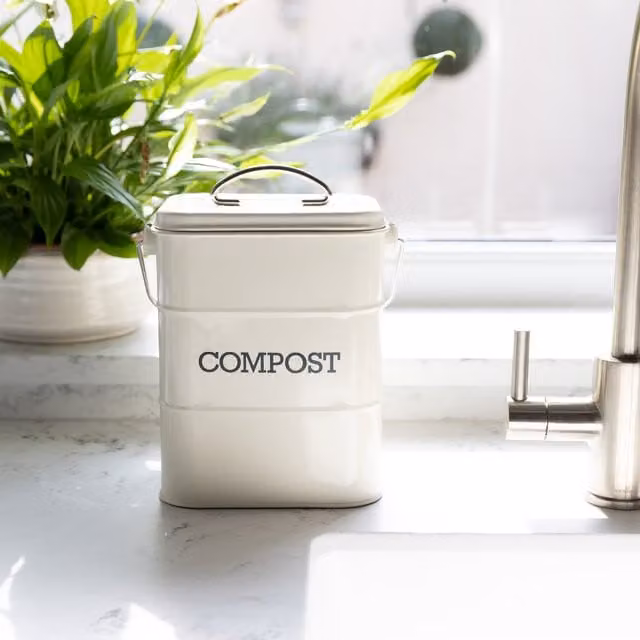 KitchenCraft Metal Compost Bin with Odour Filter and Flip Lid in Beige or White