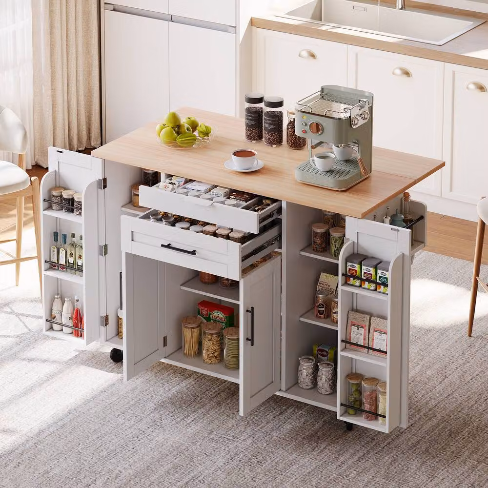 Merax Rolling Kitchen Island Trolley with Foldable Worktop in White, W/D/H: 120 x 45 x 92 cm – 2