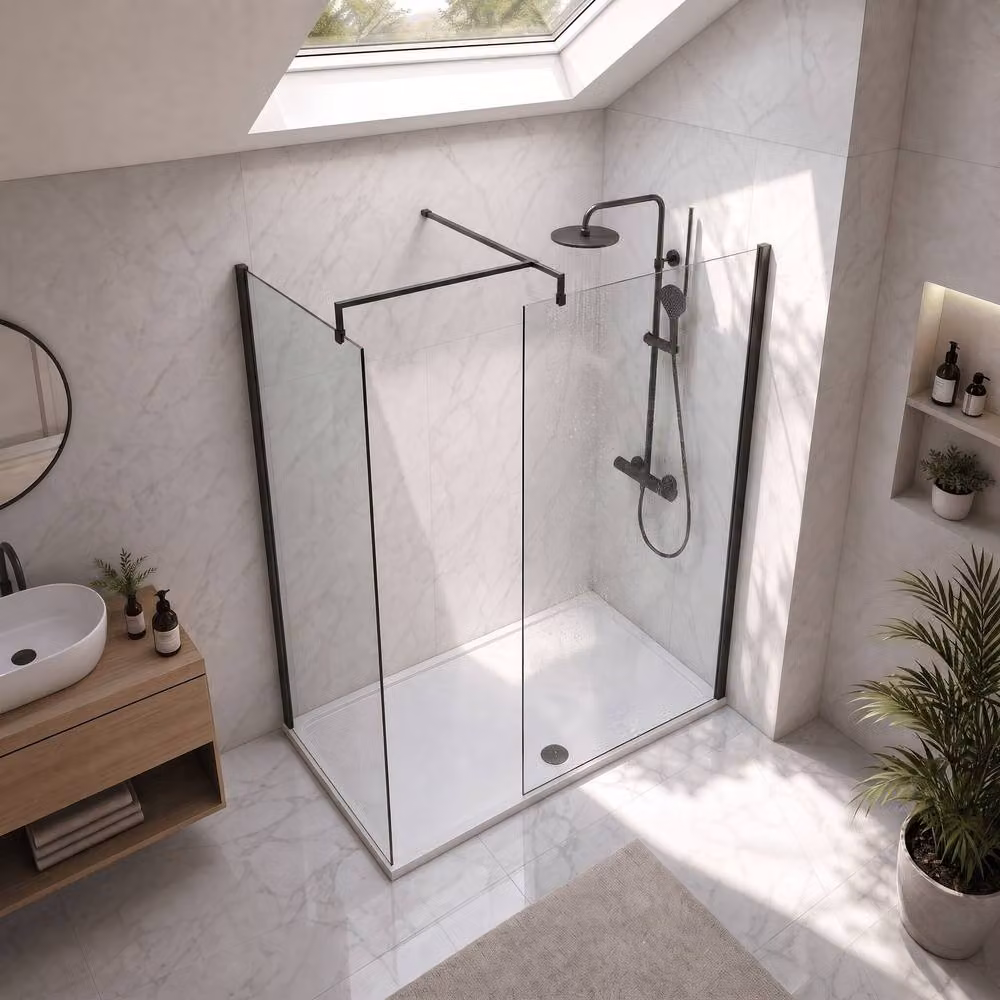 Balterley Walk-In Wetroom Bundle in Matt Black with Transparent Glass, W: 1500 mm, D: 700 mm – 2