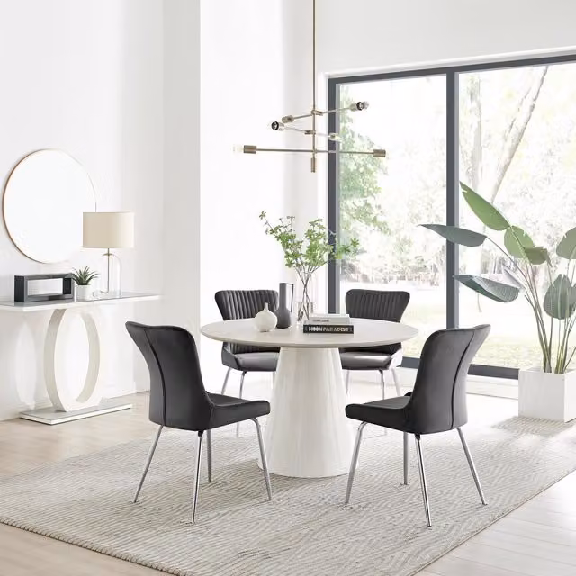 FurnitureboxUK Palma Beige Stone Effect Round Dining Table and 4 Nora Silver Leg Chairs in Dark Grey