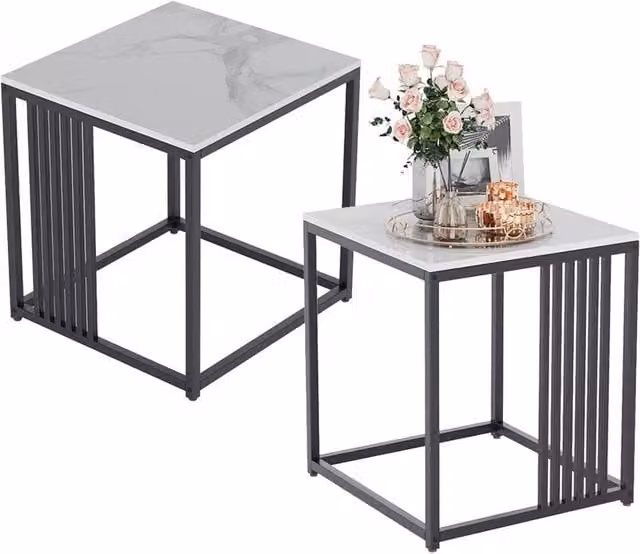 KORVIXA Minimalist Square Ceramic and Stone Side Table in White – 1