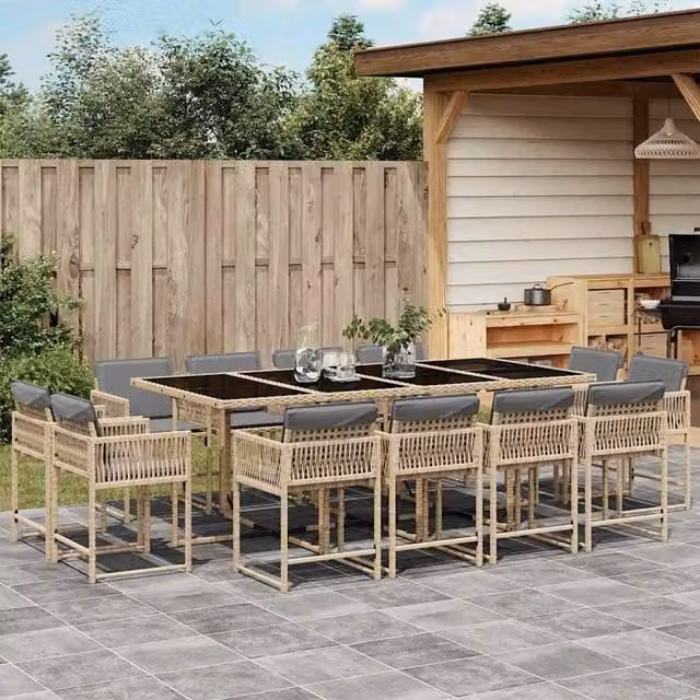 Berkfield Home 13 Piece Poly Rattan Garden Dining Set with Cushions and Glass Top in Beige – 1