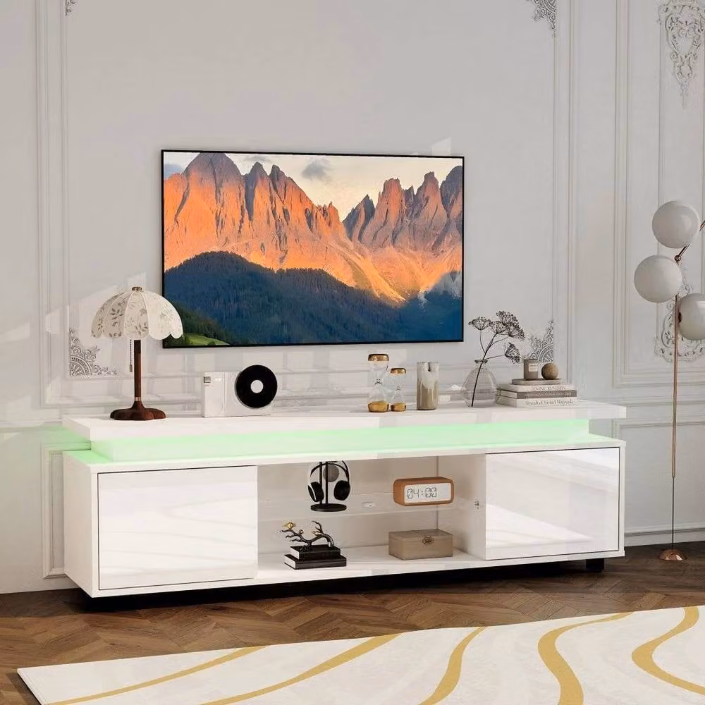 KORVIXA Modern White Glossy LED TV Unit Stand with 2 Doors and Integrated Lighting, W/D/H: 100 x 100 x 100 cm – 2