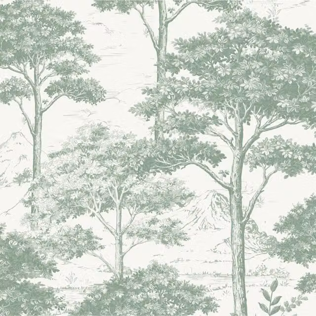 Grandeco Etched Tree Toile Textured Wallpaper in Sage Green