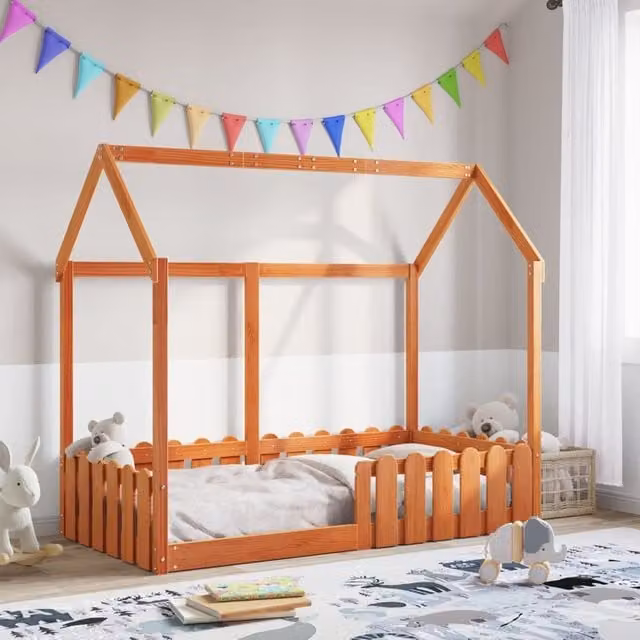 Berkfield Home Kids House Bed Frame in Waxed Brown Solid Pine, W/D/H: 80 x 160 cm – 1