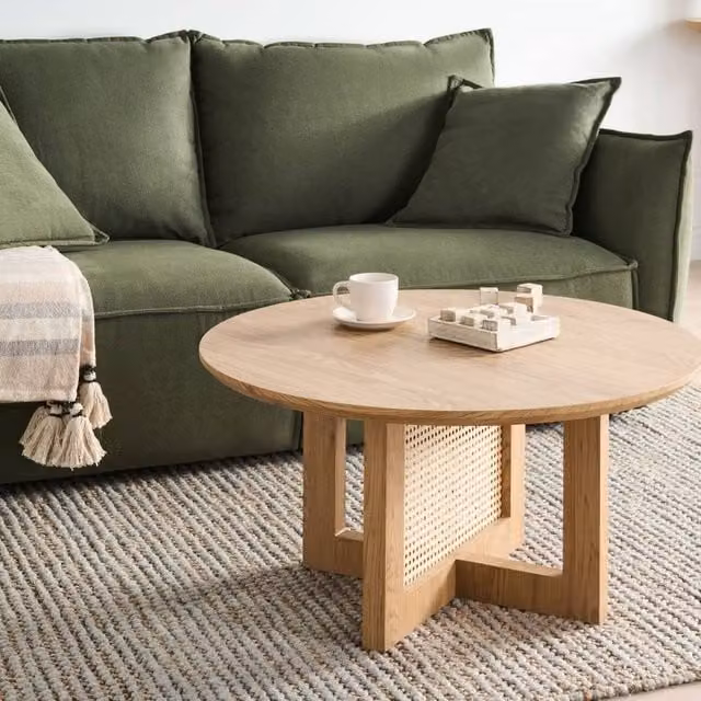 Wyld and Coco Round Coffee Table in Light Brown with MDF Top and Woven Rattan Base, Diameter: 80 cm, Height: 33 cm