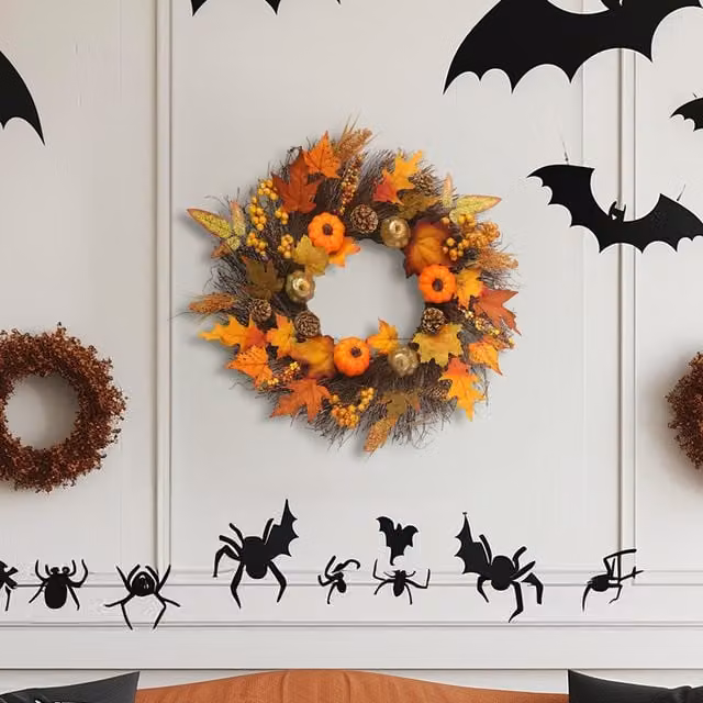 Kidkid Orange LED Fall Harvest Wreath with Autumn Leaves