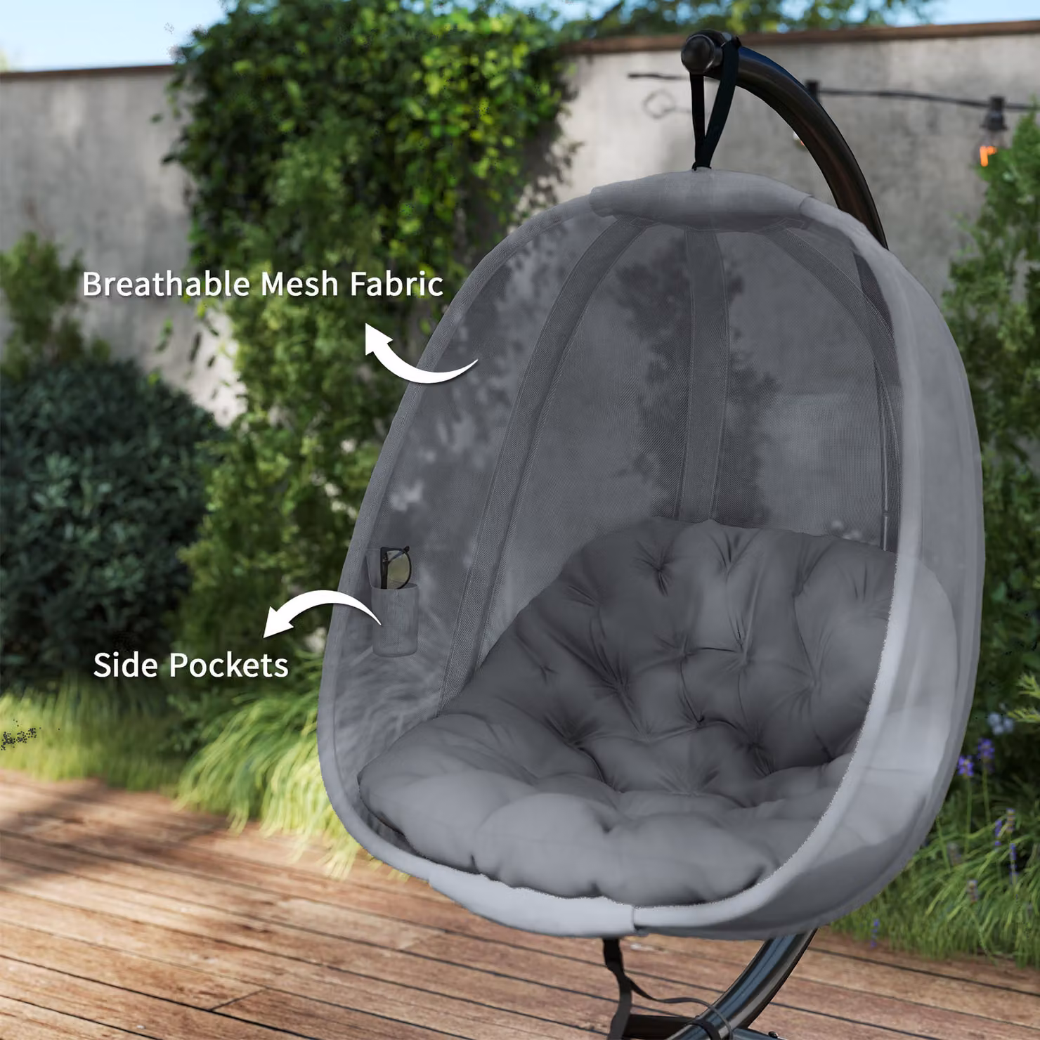 Outsunny Grey Folding Hanging Egg Chair with Stand and Cushions – 6