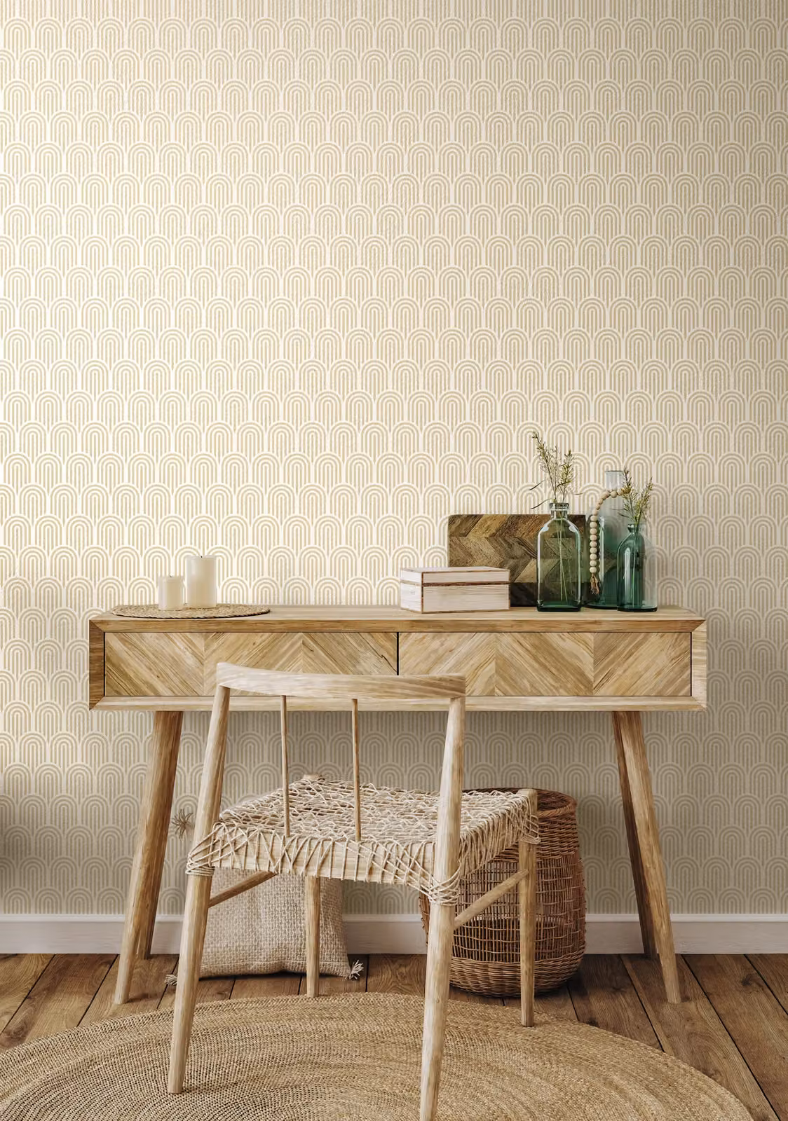 Hoopla Walls Retro Arch Matt Wallpaper in Beige and Cream with Geometric Art Deco Design – 2