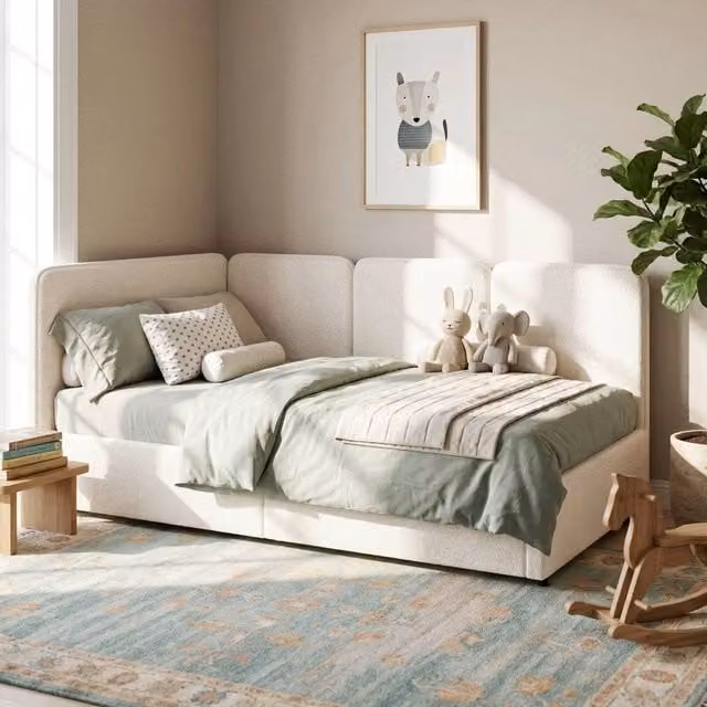 BTM Single Ottoman Daybed with Hydraulic Lift Storage, Beige Boucle Upholstered Chaise, W/D/H: 190 x 90 x 76.5 cm
