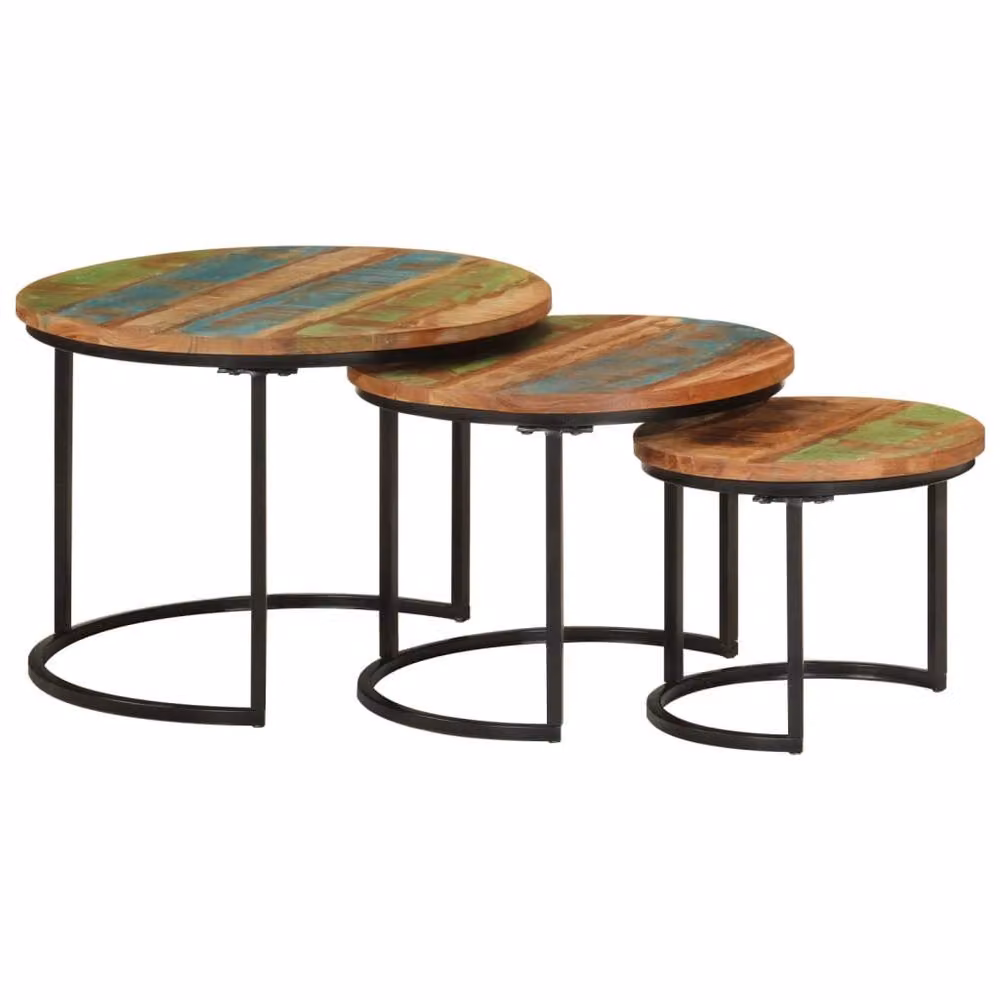 Berkfield Home Set of 3 Round Nesting Tables in Black and Multicolour Reclaimed Solid Wood and Metal – 2