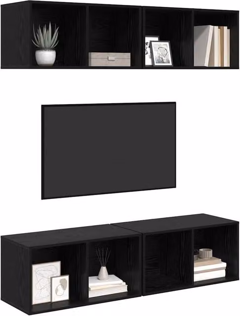 Berkfield Home Wall TV Cabinet, 4 Piece Black Oak Engineered Wood, W/D/H: 37 x 37 x 72 cm