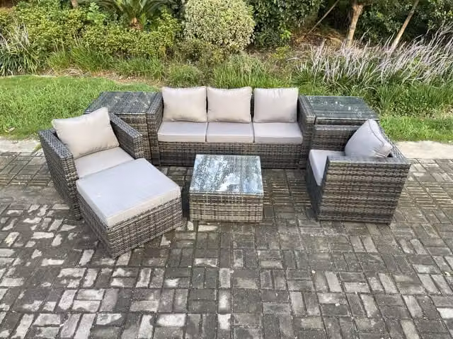 Fimous 7 Piece Rattan Garden Furniture Set in Dark Grey with Armchairs, Coffee Table and Side Tables