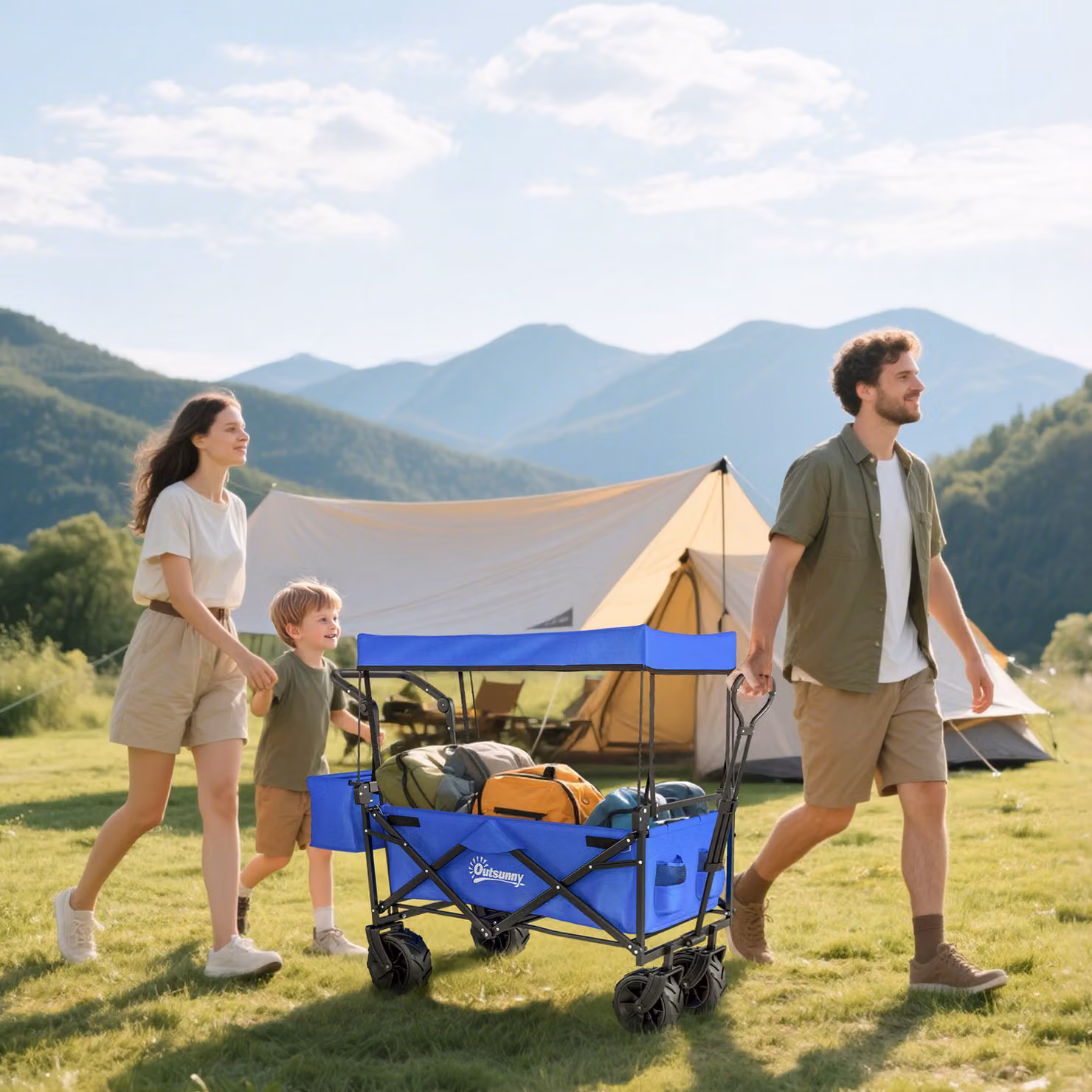 Outsunny Folding Trolley Storage Wagon with Canopy and Handle in Blue – 2