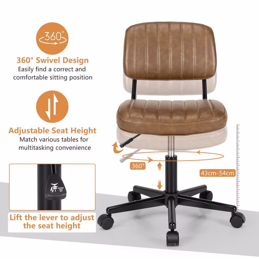 Costway Brown PU Leather Swivel Office Chair with Height Adjustment and Castors – 2