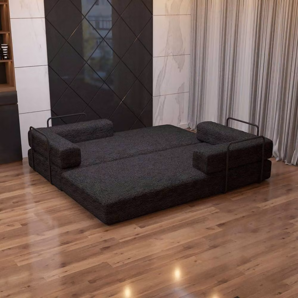 Sliding Wardrobes 4U 3 Seater Convertible Sofa Bed in Black Sherpa Fabric with Metal Frame – 3