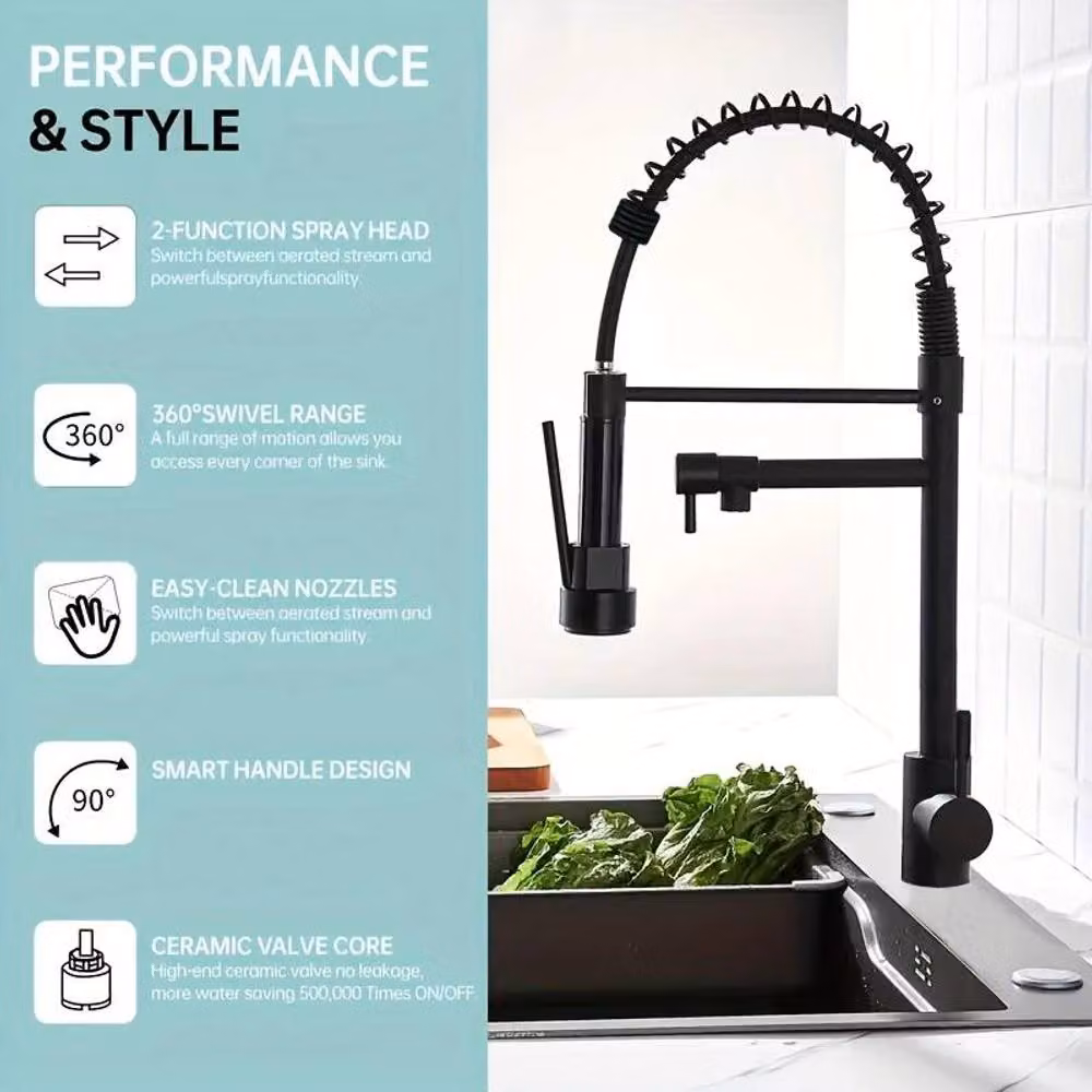 Dyzi Matt Black Brass Single Lever Kitchen Mixer Tap with Pull Out Spray Spout – 2