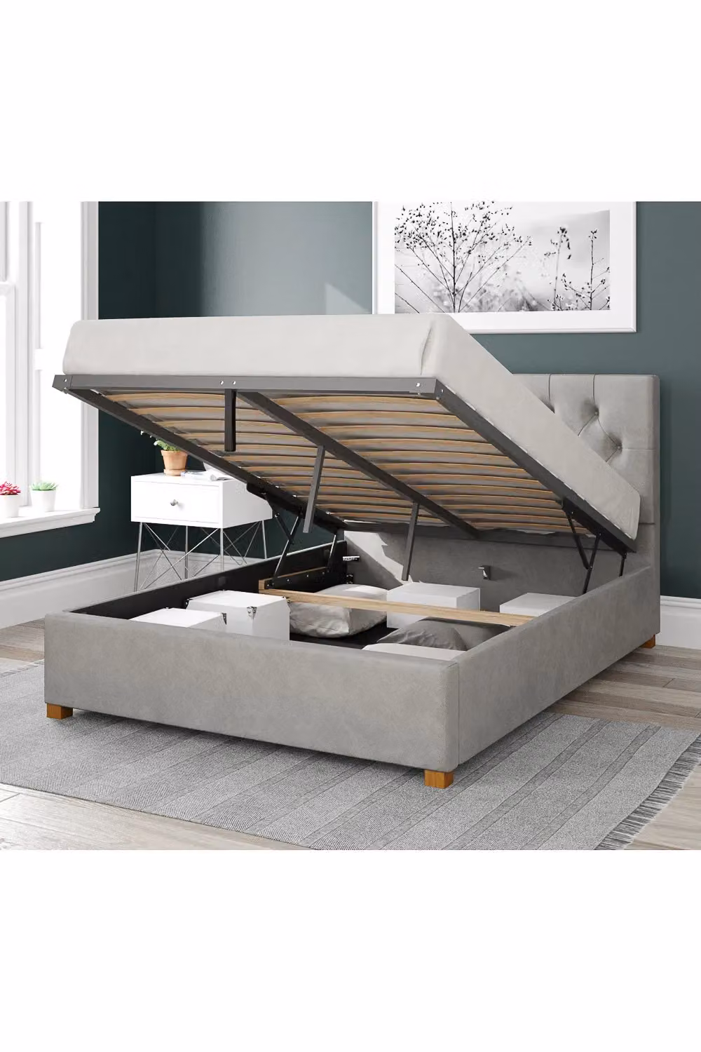 Aspire Olivier Chesterfield Upholstered Ottoman Storage Bed in Grey Plush Velvet, W/D/H: 180 x 160 x 112 cm – 2