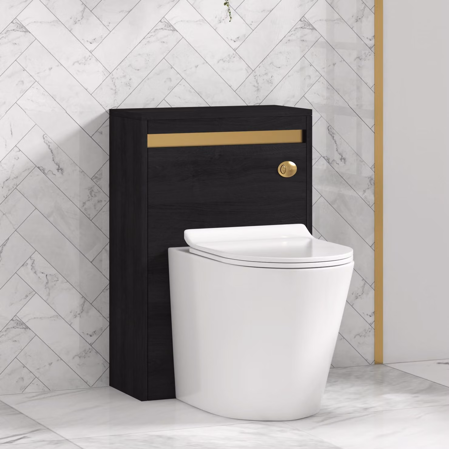 Orion Hale Black Wall Mounted WC Unit with Cesar Rimless Toilet Pan, Slim Seat and Cistern, Brushed Brass Accent Trim, Width: 54 cm