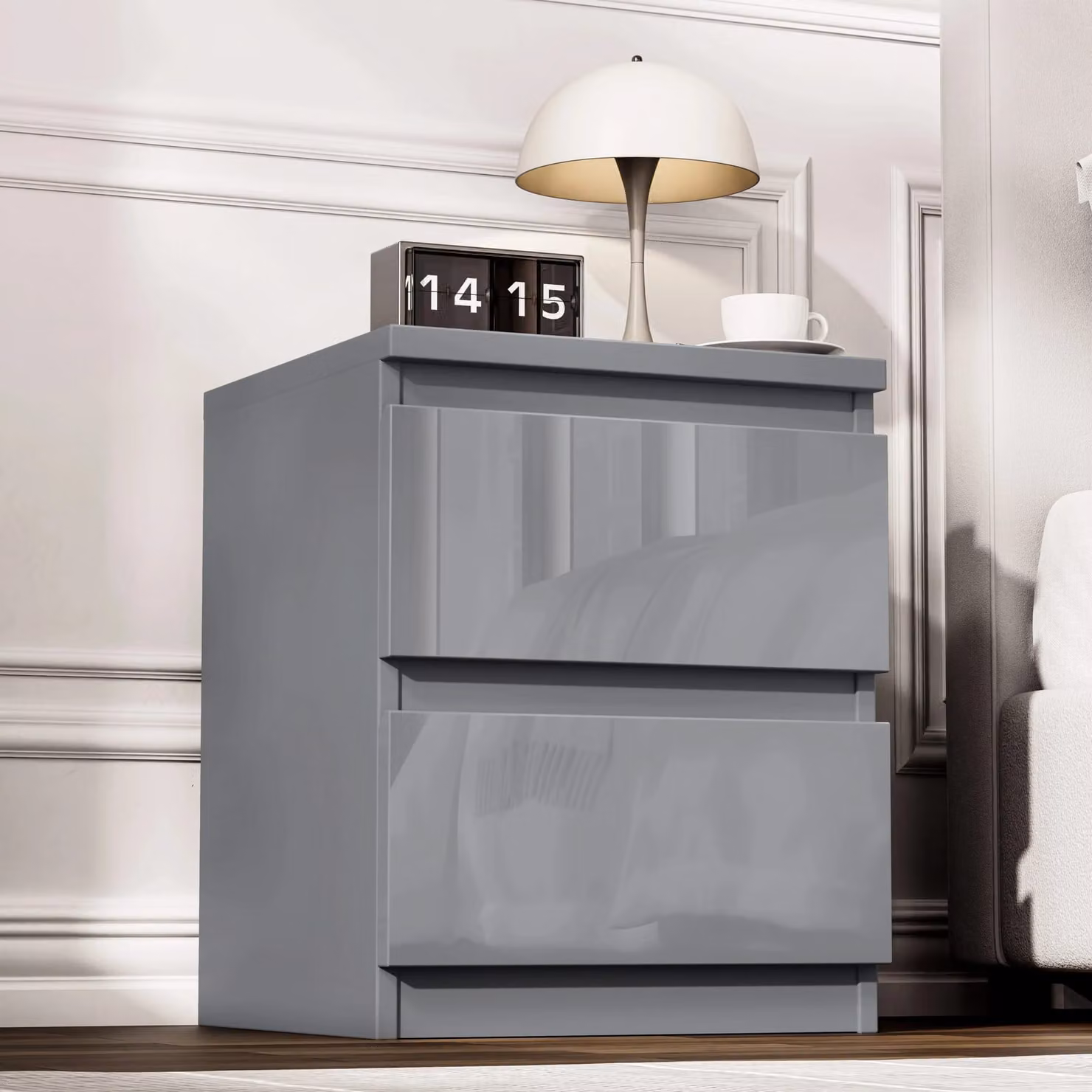 DHS High Gloss 2 Drawer Bedside Table in Grey