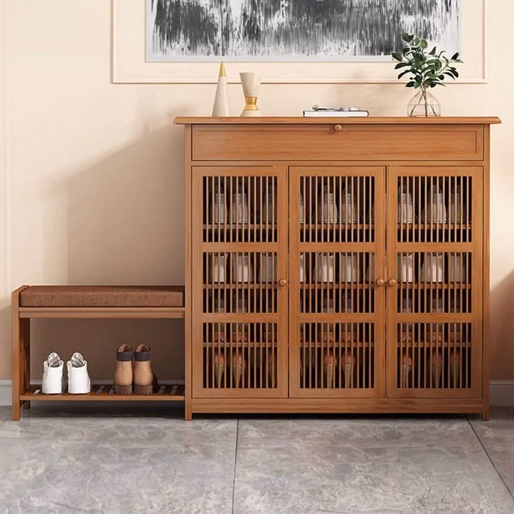 KORVIXA 2 in 1 Combo Shoe Cabinet and Linen Seat Bench Stool in Brown, W/D/H: 100 x 100 x 100 cm – 3