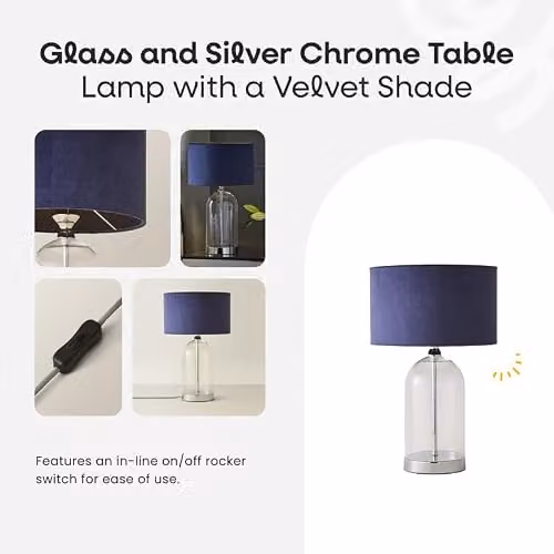 ValueLights Glass and Silver Chrome Table Lamp with Black Velvet Lampshade and Warm White LED Bulb – 1