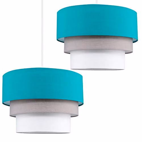 ValueLights Pair of Modern Round Three Tier Fabric Ceiling Light Shades in Turquoise, Grey and White with 10W LED Bulbs, Width: 30 cm – 4