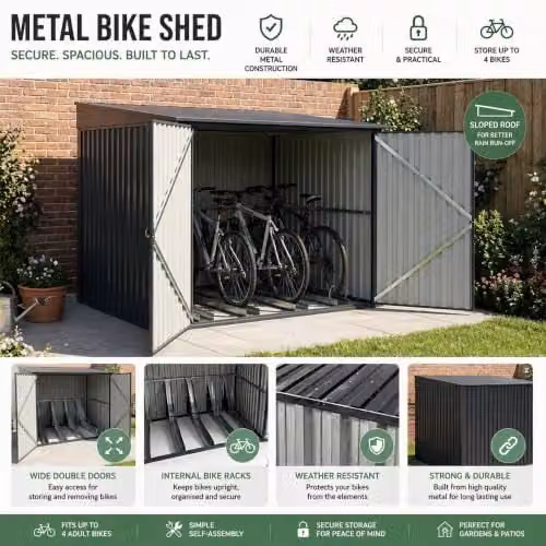 Nicoman Anthracite Grey Metal Steel Pent Bike Storage Shed with Double Doors, H 201.0 x W 160.0 x D 196.0 cm – 5