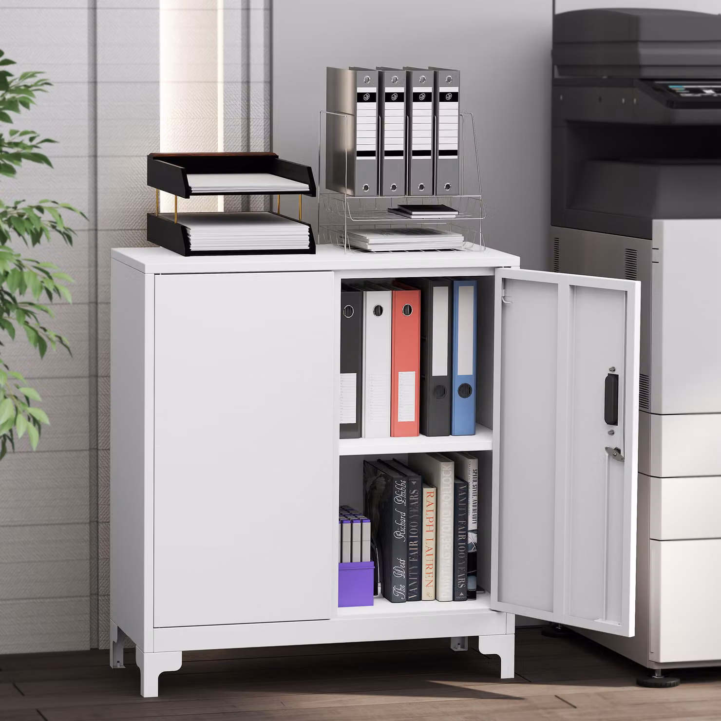 HOMCOM Lockable 2-Tier Metal Filing Cabinet with Hinged Double Doors, White Modern Office Organiser – 5