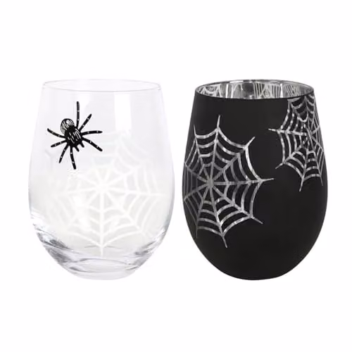 Spirit of Equinox Set of 2 Spider and Web Wine Glasses in Black, Transparent and Silver