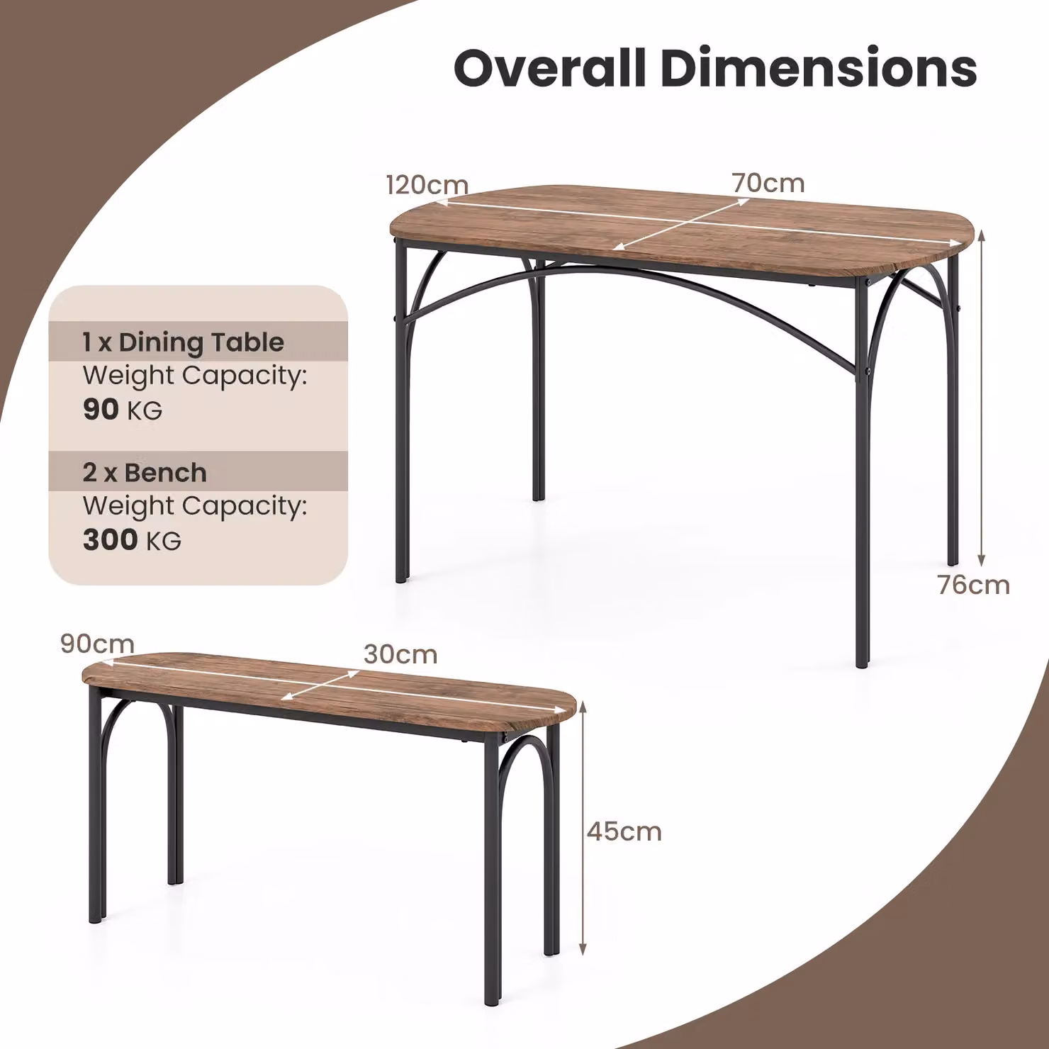 Costway 3 Piece Industrial Dining Table Set with Benches in Brown and Black, W: 120 cm, H: 76 cm – 3