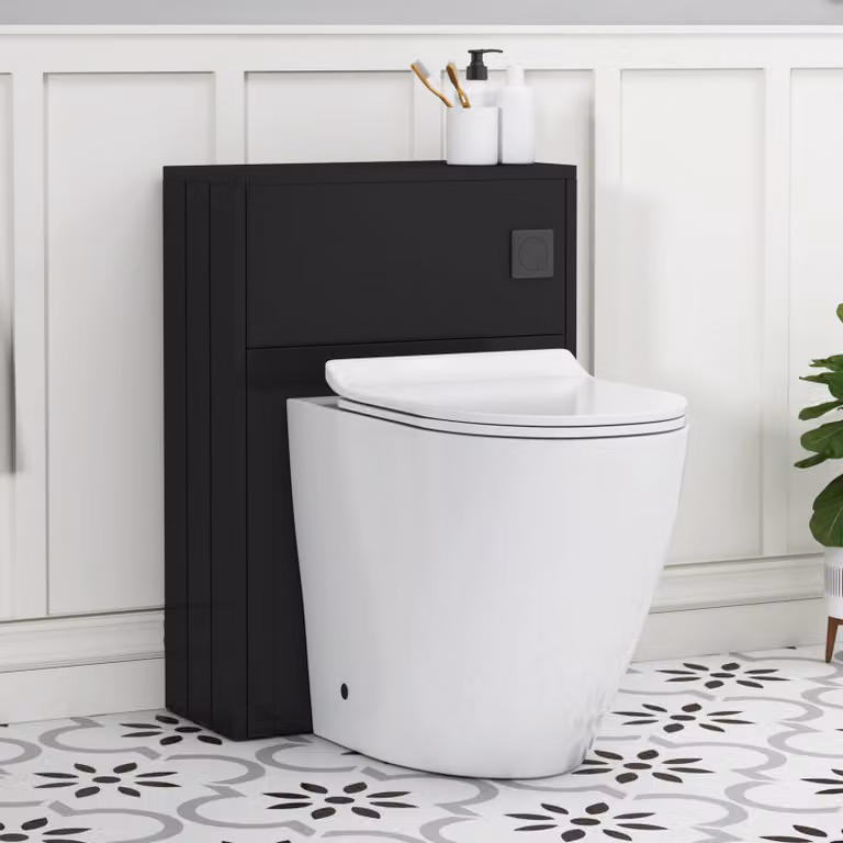 Royal Bathrooms Elmore Matte Nocturne Black BTW WC Unit with Elva Rimless Short Projection Toilet Pan, Slim Seat and Cistern, Width: 55 cm