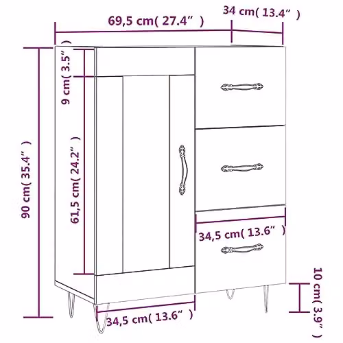 vidaXL Modern Black Sideboard with Glass and Metal Details, W/D/H: 69.5 x 34 x 90 cm – 3