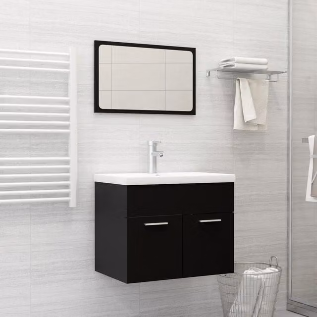 Berkfield Home Modern 2 Piece Black Matt Bathroom Furniture Set with Vanity Unit and Mirror Cabinet – 1