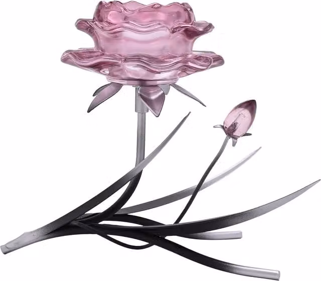 Hestia Pink Glass Rose Single Tealight Candle Holder with Black and Silver Metal Base