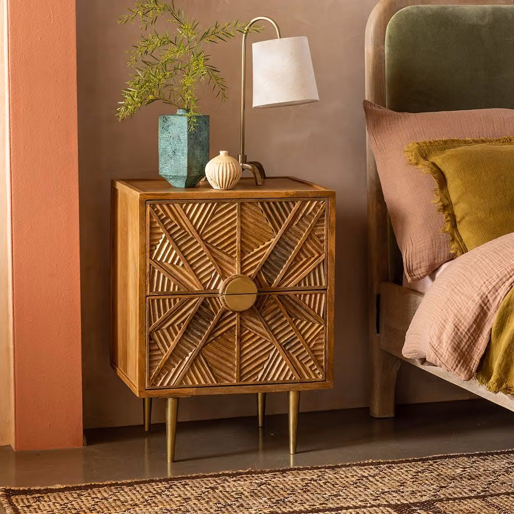 Atkin & Thyme Jumeirah Mango Wood and Metal Art Deco Bedside Table, Brown, W/D/H: 46 x 38 x 62 cm