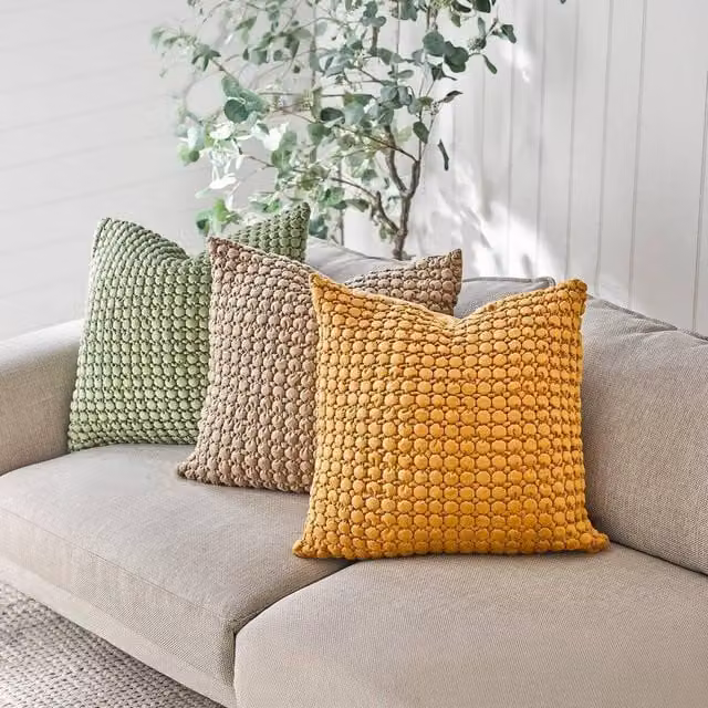 mysmartbuy Textured Bobble Cushion in Ochre Yellow with Ruched Velvet Front, 55 x 55 cm