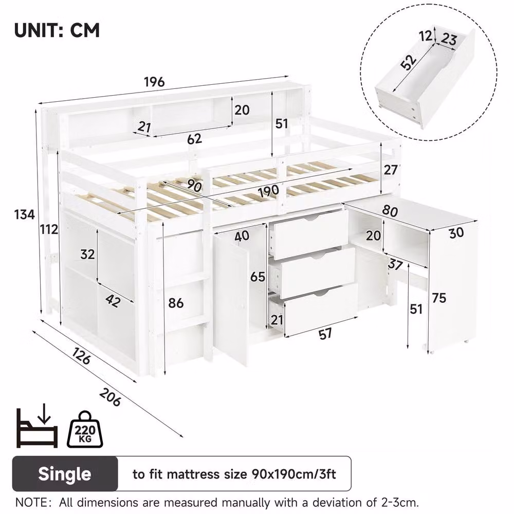 ModernLuxe Kids Cabin Bed in White with Pull Out Desk, Drawers and Storage Shelves, Single Size, W/D/H: 190 x 90 x 126 cm – 2