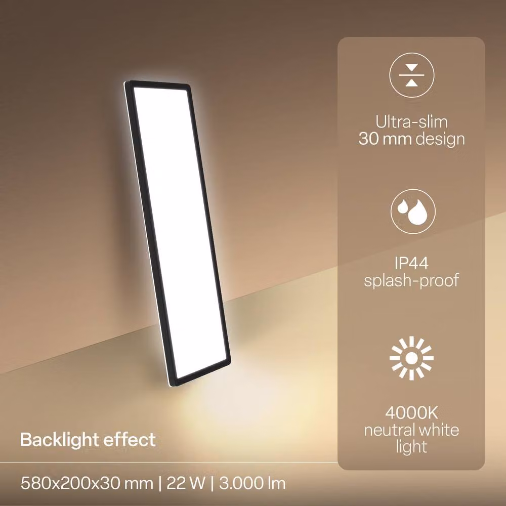 B.K.Licht Black Slim LED Ceiling Panel with Indirect Backlighting, 22W, 3000lm, 4000K Neutral White, IP44, W/D/H: 58 x 20 x 3 cm – 3