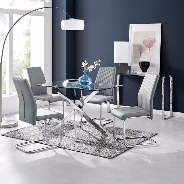 FurnitureboxUK Leonardo Glass and Chrome Metal Dining Table and 4 Lorenzo Dining Chairs in Grey, W: 120 cm, D: 70 cm, H: 70 cm
