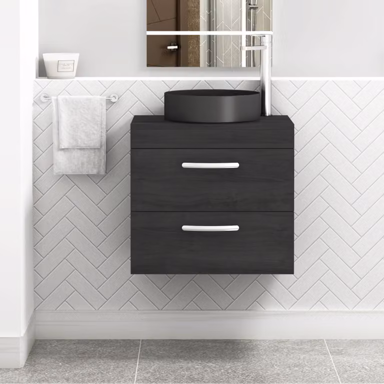Royal Bathrooms Hale 600mm Wall Hung 2 Drawer Vanity Unit in Matt Black with Art Round Ceramic Countertop Basin