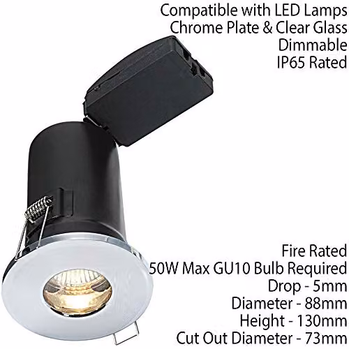 Loops IP65 Bathroom Recessed Ceiling Downlight in Chrome with GU10 Lamp Holder, Dimmable and LED Compatible – 2