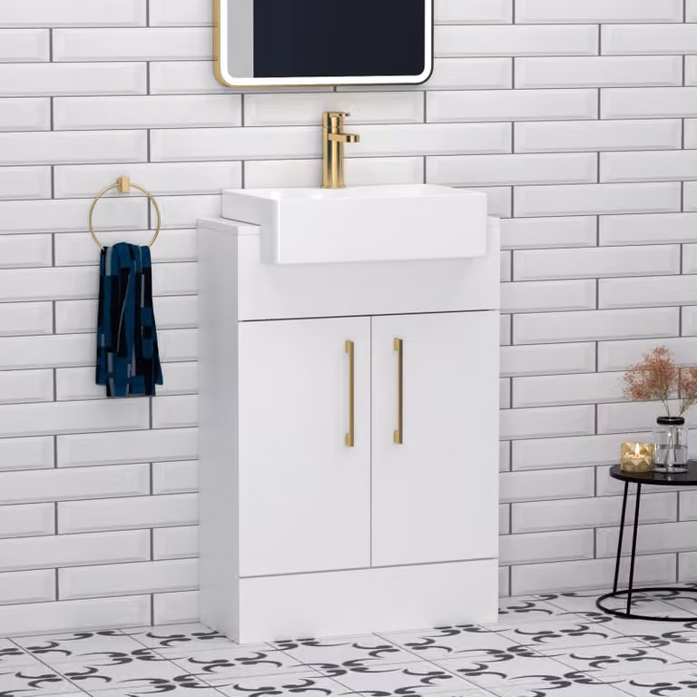 Royal Bathrooms Elena 600mm Gloss White Floor Standing Vanity Unit with 2 Doors, Brushed Brass Handles and Semi Recessed Basin