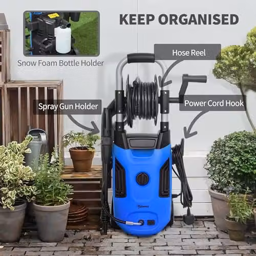 Outsunny 1800W Power Washer with 150 Bar Pressure, 6m Hose and Hose Reel, Blue – 5