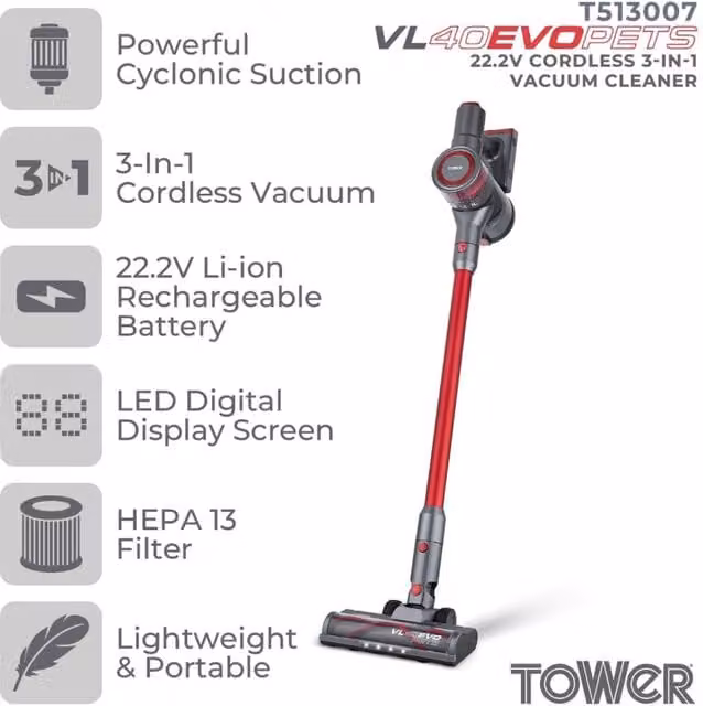 Tower T513014 VL40 Pro 3-in-1 Cordless Vacuum Cleaner in Red and Grey with Cyclonic Suction, Turbo Pet Brush, HEPA Filtration and 1L Capacity