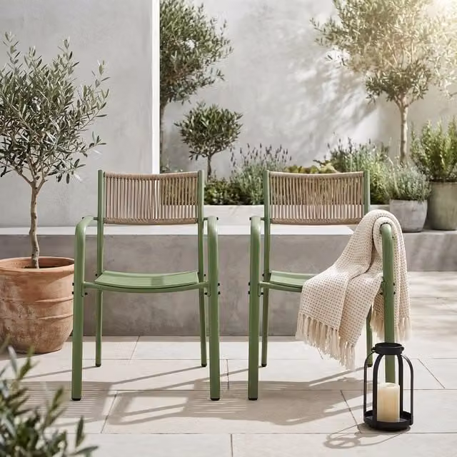 Pair of Modern Moss Green Metal Garden Bistro Armchairs with Rope Back Effect